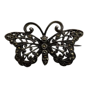 Vintage Sterling Silver Marcasite Butterfly Brooch Pin – .925 Filigree 1.5” - Picture 1 of 7