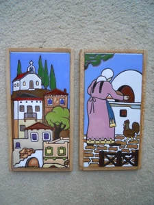 2! Spainish? Wood Framed Hanging Porcelain Wall Tiles 8" X 4" Each. NICE! - Picture 1 of 7