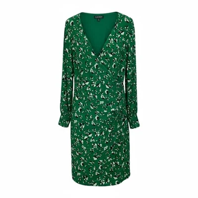 Vestido Lauren Ralph Lauren Verde Floral Acanalado Cuello en V Manga Larga Talla 16 Foto 1 de 4