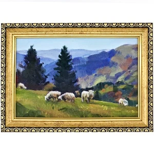 Original Oil Painting Sheep Landscape Framed Mountain Pasture Art 4x6" - Picture 1 of 13