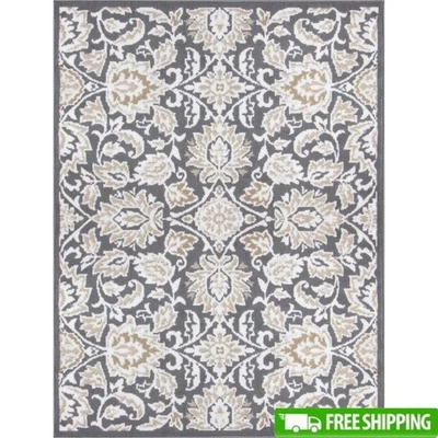 Charcoal Damask Indoor Area Rug Low Pile Easy Clean Shed Resistant Living Room - Image 1 of 4
