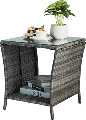 Outdoor Wicker Side Table Patio Side Tables for Outside, Tempered Glass  - Image 1 of 4