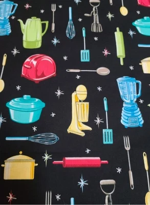 Fabric Traditions Retro Kitchen Appliances & Utensils colorful on black 59 x 42" - Image 1 of 3