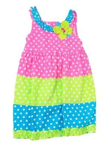 Infant Toddler Girls Pink Blue & Green Polka Dot Flower Summer Sun Dress - Picture 1 of 1