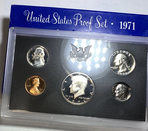 1971-S US Mint Annual 5 Coin Proof Set Original Box with Kennedy Cover