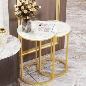 Gold 2 tlg Satztische Rund Marmor Sofatisch Weiß Hochglanz Modern Kaffeetisch DE - Bild 1 von 10
