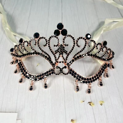Black Diamond Masquerade Mask, Mardi Gras Gold Mask, Elegant Teardrop Party Mask - Image 1 of 3