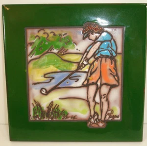 Payne Creations Golfer Hand Painted Tile Trivet Wall Art Golf Made in USA - Picture 1 of 7