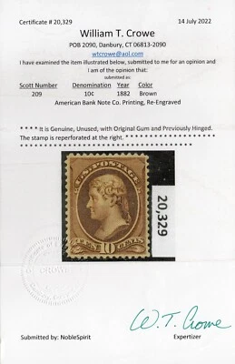 US # 209 *MINT OG H* { 10c JEFFERSON W/ CERT } 1882 AMERICAN BANKNOTE CV$ 160.00 - Image 1 of 4