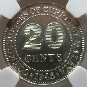 MALAYA STRAITS SETTLEMENTS Malaysia Britain 20 cents 1945 NGC UNC Details Silver - Picture 1 of 3