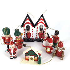 Vtg painted Wood Christmas Ornament lot Santa Toy Soldier Guard Shack House