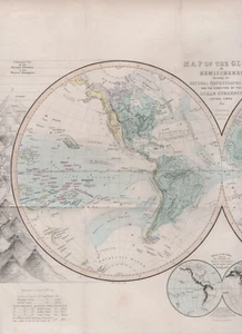 1873 Mapa a color del globo en hemisferios con corrientes oceánicas - Imagen 1 de 2