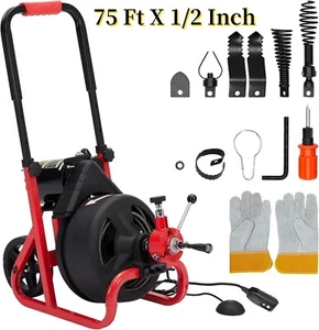 Drain Cleaner Machine 75 Ft X 1/2 Inch Sewer Snake Drill Drain Auger Cleaner - Picture 1 of 6