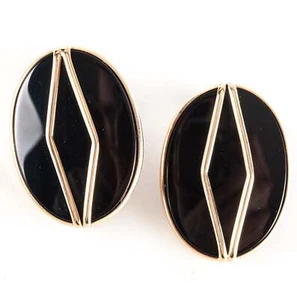 14k Yellow Gold Oval Cabochon Onyx Solitaire Stud Earrings W/ Butterfly Backs - Picture 1 of 12