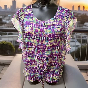 NWT FASHION BUG Sheer Blouse Purple Green Flutter Slv Peplum Elastic Waist Sz S - Picture 1 of 15