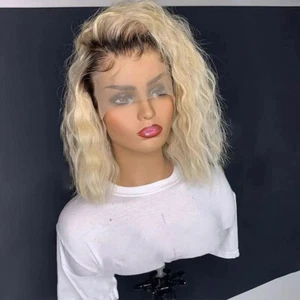  Ombre Blonde Short Bob Wigs Synthetic Hair Lace Front Wigs Dark Roots Wavy Hair - Picture 1 of 6