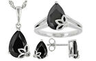 Black Spinel Rhodium Over Silver Ring, Earring, Pendant With Chain Set 9.91ctw