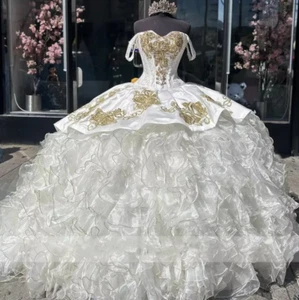 New Mexican White Ball Gown Quinceanera Dress Satin Embroidery Ruffles Tiered - Picture 1 of 8