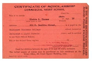 1930's BALTIMORE BUSINESS COLLEGE COMMERCIAL NIGHT SCHOOL CARD*ELMIRA THOMAS - Picture 1 of 2