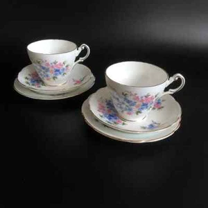 Vintage 1960's Regency Pink Blue Floral Pattern Tea Cup, Saucer & Plate Trio x 2 - Imagen 1 de 7