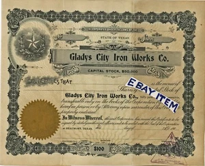1902 GLADYS CITY IRON WORKS Beaumont Texas CERTIFICADO DE STOCK DE ESPECÍMENES husillo - Imagen 1 de 3