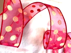 Christmas 1.5" x 5 yards Iridescent Dots on Pink Sheer Wired Ribbon Pretty - Picture 1 of 6