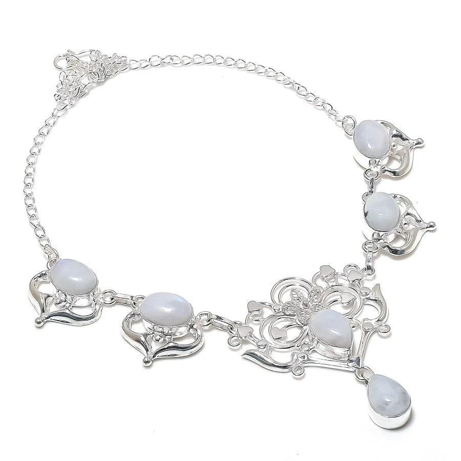 Collar de joyería de plata de ley 925 hecho a mano con piedras preciosas de luna arco iris talla 18" Foto 1 de 1