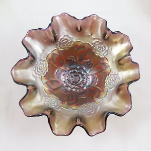 DUGAN DOUBLE STEM ROSE PURPLE CARNIVAL GLASS 10-RUFFLE BOWL - Picture 1 of 4