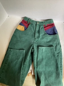 Jordache Vtg 80s High Rise Tapered Green Color Block Jean 9/10-26 Waist - Picture 1 of 12