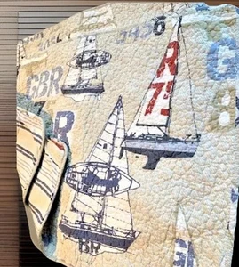 Nautical Pillow Sham Pair Quilted Sailboat Ship Estate Beach Lake House VTG Set - Picture 1 of 17