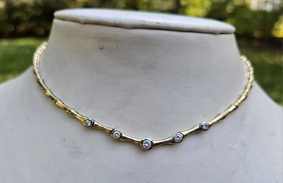 Collar de bambú para dama de oro 14k 5 diamantes redondos 0,50 ct dos bisel 20,5 gramos Foto 1 de 4