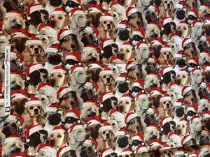 Christmas Fabric various dog breeds wearing Santa Hats 2018 Patty Reed 3 Yds - Picture 1 of 2