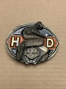 Vintage Harley Davidson Messing Gürtelschnalle Klapperschlange V-Twin - Siskiyou 1990 - Bild 1 von 6