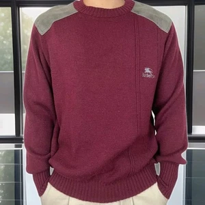 BURBERRY Vintage 80 Pullover 100% reine Schurwolle mit Burgunder Einsätze Wildleder S - Bild 1 von 8