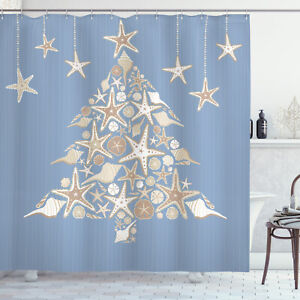 Christmas Shower Curtain Sea Life Theme Marine Print for Bathroom