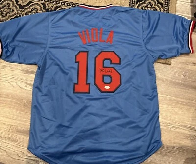 Camiseta azul personalizada firmada por Frank Viola de los Mellizos de Minnesota con certificado JSA Foto 1 de 3