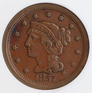 1857 Large Cent – Large Date – NGC AU58 BN – Late Issue Braided Hair Copper Coin - Picture 1 of 4