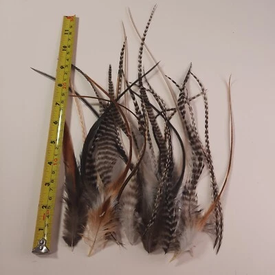 100 5-10" NAT MIX WHITING GRIZZLY CREE ROOSTER SADDLE FEATHER HAIR EXTENSIONS - Image 1 of 3
