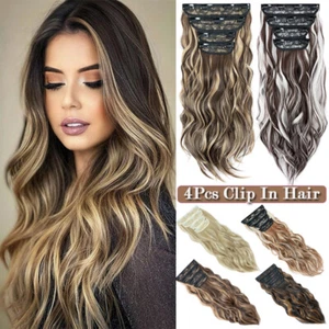 4PCS Clip In 100%Real THICK as Human Hair Extension Full Head Highlight Balayage - Picture 1 of 41