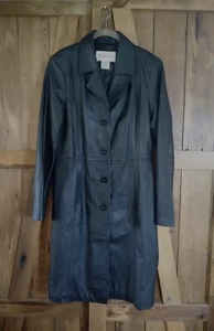 VINTAGE RETRO CHADWICKS BLACK LEATHER BUTTON UP TRENCH COAT W/LT WEAR MEDIUM - Picture 1 of 5