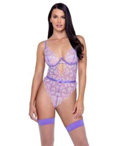 Sheer Lavender & White Lace Butterfly Glow Teddy Lingerie - Picture 1 of 4