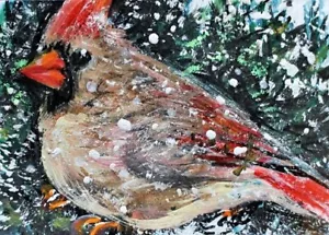Quadro ORIGINALE ACEO UCCELLINO femmina CARDINALE SETTENTRIONALE inverno natura neve ATC ART - Foto 1 di 1
