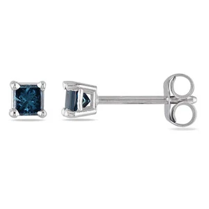 Amour 14k White Gold 1/3 CT TW Princess Blue Diamond Stud Earrings - Picture 1 of 5