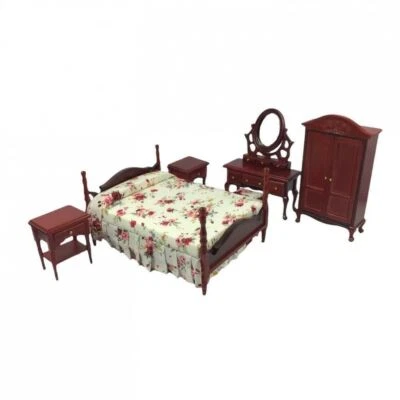 Dolls House Bedroom Furniture Set Victorian Mahogany & Floral Miniature 1:12 - Image 1 of 4