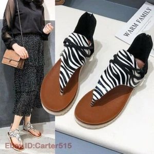 Women Ladies Flat Sandals Summer Leopard Printed Sexy Beach Flats T-strap Shoes - Picture 1 of 23