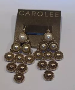 Carolee Earrings Long Chandelier Faux Pearl NWT New Vintage Gold Tone - Picture 1 of 7