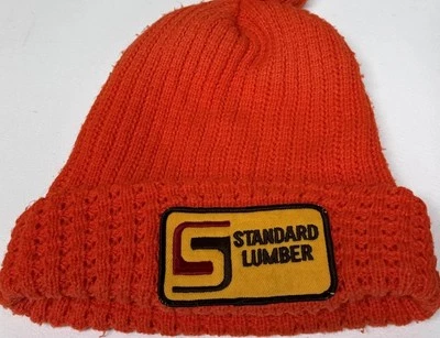 VTG 70s Standard Lumber Patch Knit Beanie Winter Hat Cap Blaze Orange Hi-VIS - Image 1 of 4