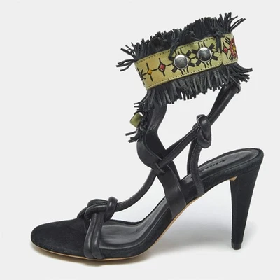 Isabel Marant Black Leather and Suede Fringe Detail Ankle Strap Sandals Size 36 - Image 1 of 4
