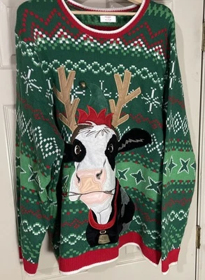 3XL Christmas Ugly Sweater  with added Jingle Bell On Hat and Loud&Large Cowbell - Image 1 of 4