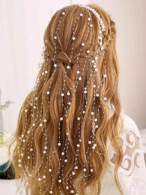 Pearl Bride Wedding Headband Silver Bridal Headpiece Tassel Hair Vine Evening... - Image 1 of 4
